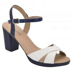 Sandália Plataforminha Salto Grosso 7,5cm - Verniz Branco/ Napa Salamanta Marinho/ Tira Santorine Marinho