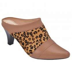 Mule Tamanco Comfort Salto 6cm Sola Borracha - Couro Cacau/ Onça