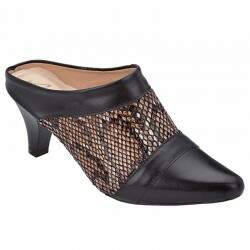 Mule Tamanco Comfort Salto 6cm Sola Borracha - Couro Preto/ Cobra
