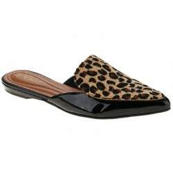 Mule Sapatilha Saltinho 1cm - Verniz Preto/ Onça Pêlo