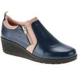 Sapato Fechado Anabela Comfort Salto 4cm - Np. Fior Marinho/Areia
