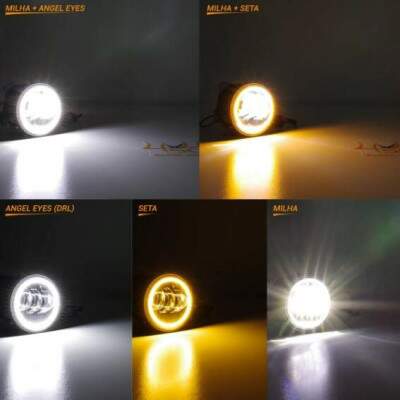 Par de Farol de Milha Neblina Universal 4 Pol 10cm + Angel Eyes DRL e Seta - LED Luz Branca 60W
