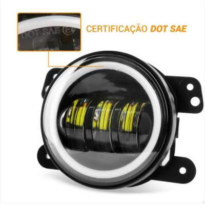 Par de Farol de Milha Neblina Universal 4 Pol 10cm + Angel Eyes DRL e Seta - LED Luz Branca 60W