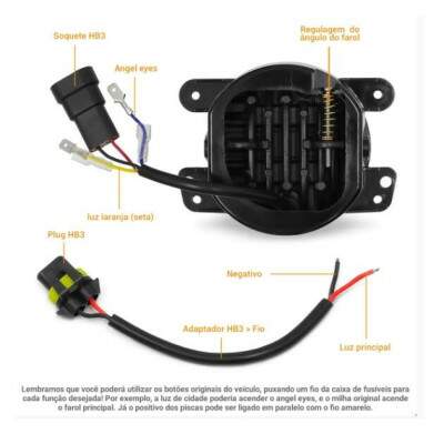 Par de Farol de Milha Neblina Universal 4 Pol 10cm + Angel Eyes DRL e Seta - LED Luz Branca 60W