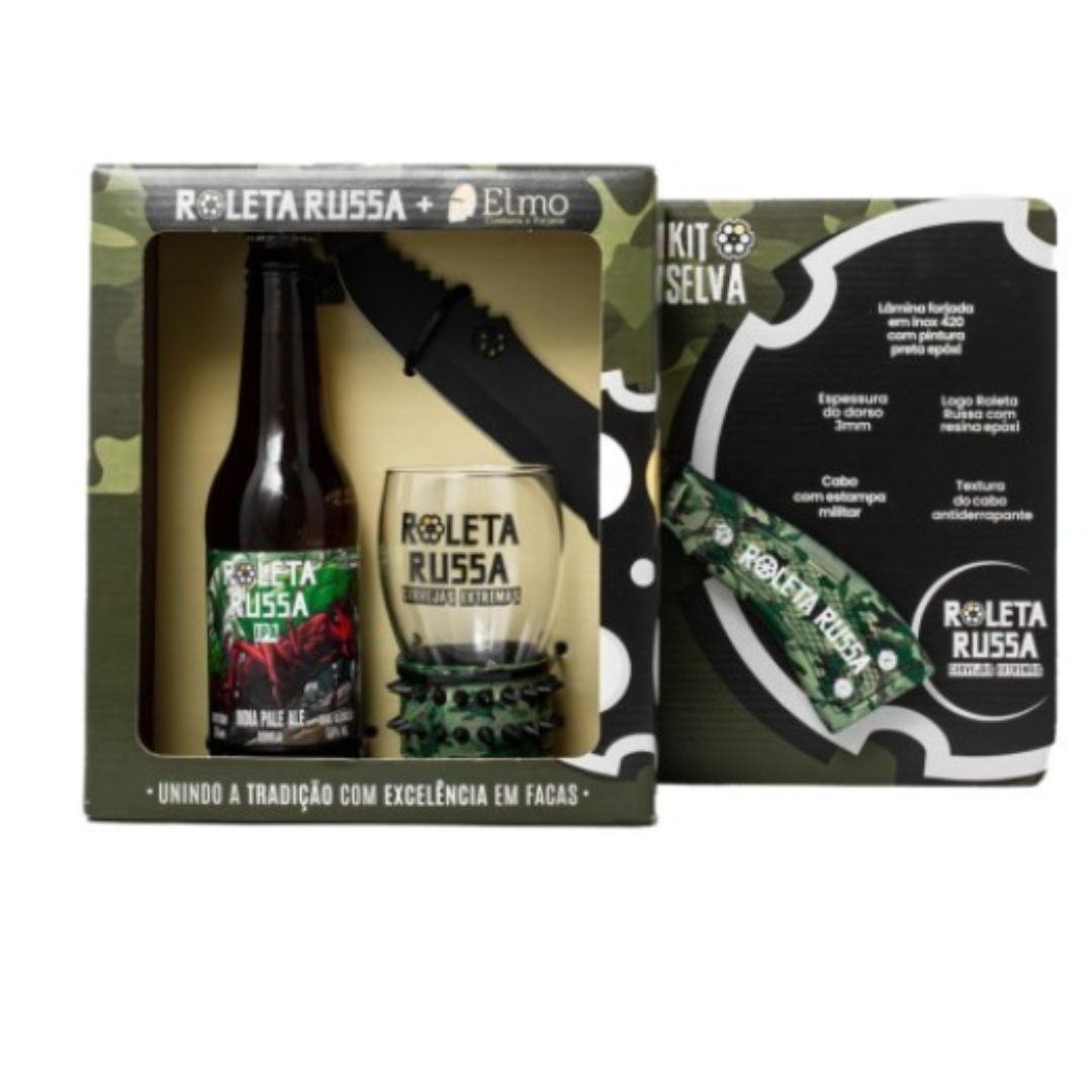 Kit Cerveja Roleta Russa Churrasco na Selva Cerveja 355ml + Copo + Faca 