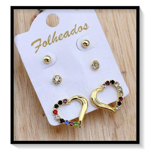 Trio De Brincos Folheados Corao FO1065