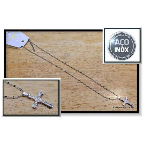 Colar AO Com Pingente Prata Cruz CO2294