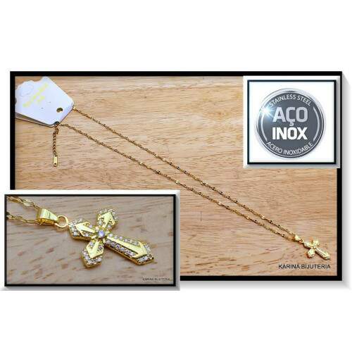 Colar AO Com Pingente Dourada Cruz CO2306
