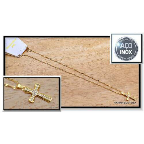 Colar AO Com Pingente Dourada Cruz CO2315