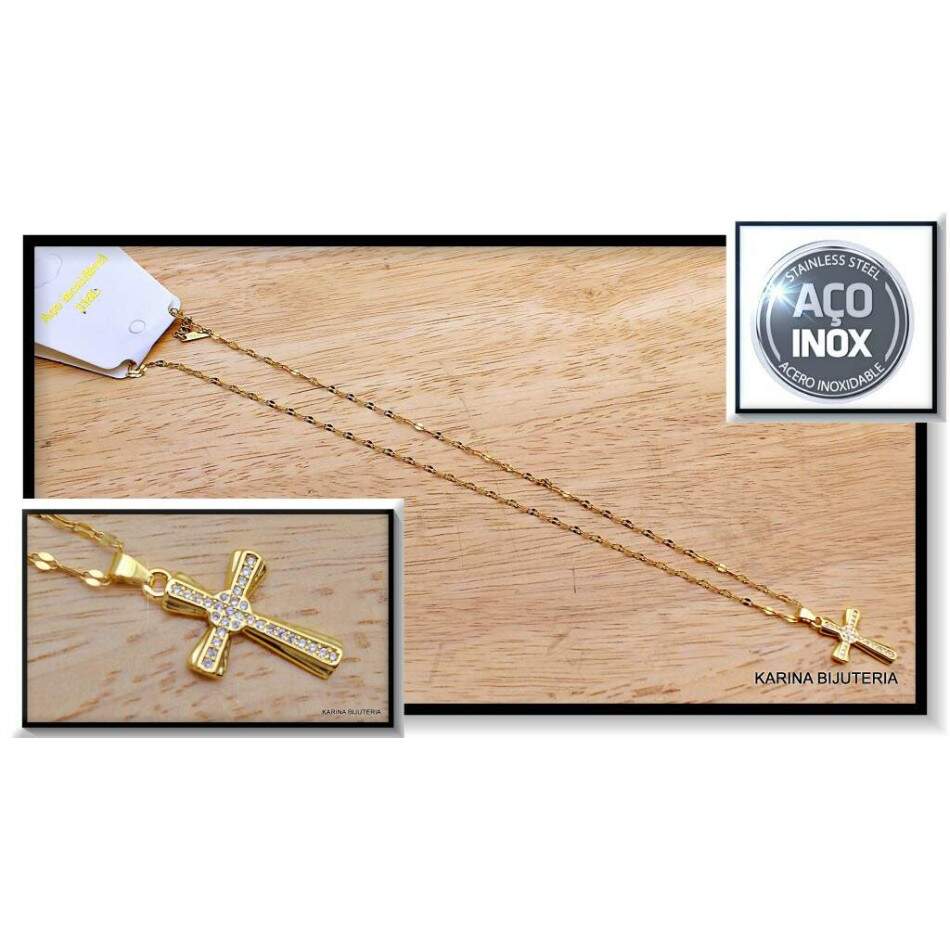 Colar AO Com Pingente Dourada Cruz CO2315