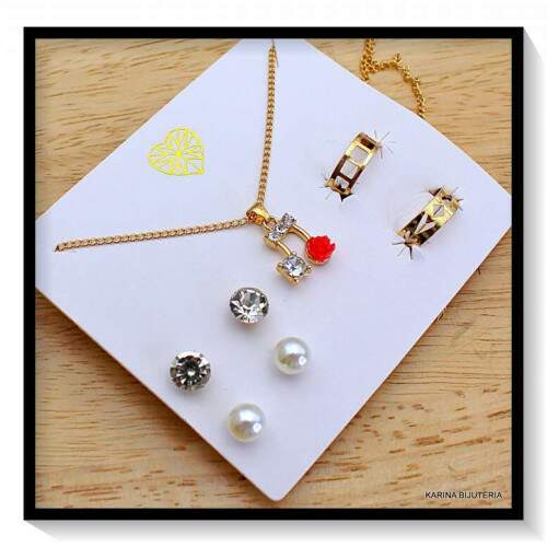 Colar + 2 Pares De Brincos + 2 falso Piercing CO2346