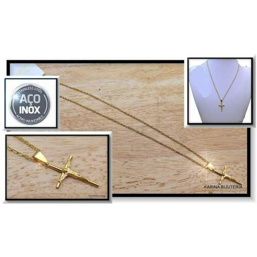 Colar AO Com Pingente Dourado Cruz CO2372