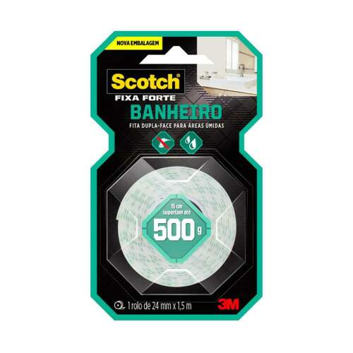 Fita Dupla Face Fixa Forte Scotch Banheiro 24x1,5m 500g - 3M