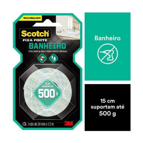 Fita Dupla Face Fixa Forte Scotch Banheiro 24x1,5m 500g - 3M