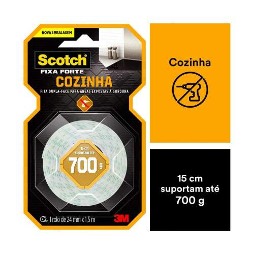 Fita Dupla Face Fixa Forte Scotch Cozinha 24x1,5m 700g - 3M
