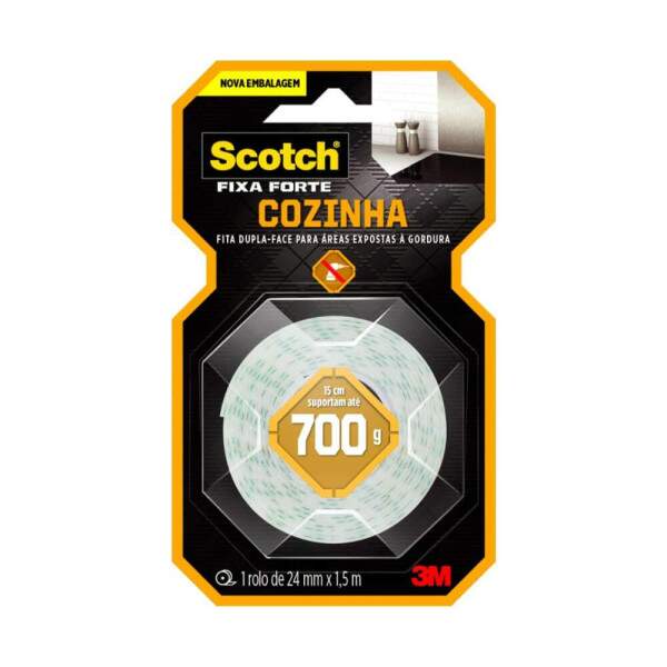 Fita Dupla Face Fixa Forte Scotch Cozinha 24x1,5m 700g - 3M