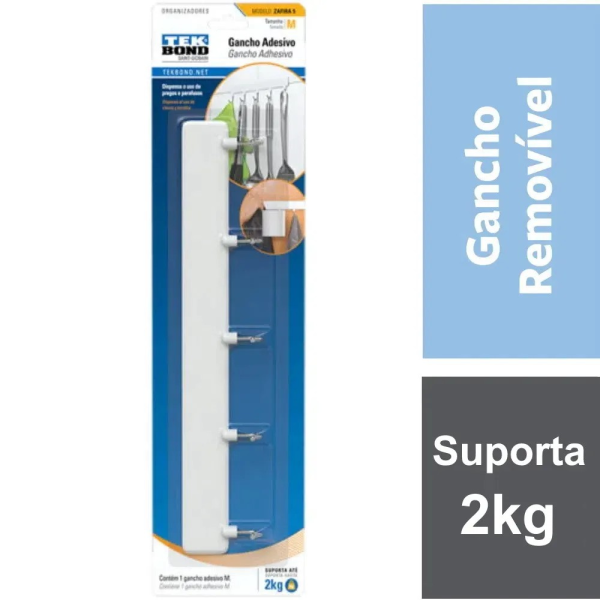 Gancho Adesivo Zafira de Plstico Branco e Metal M - Tekbond