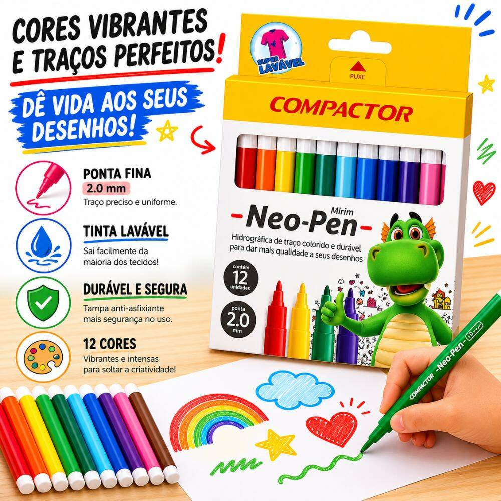 Canetinhas Hidrográficas Neo-Pen 77000 Compactor 12 Cores Traço
