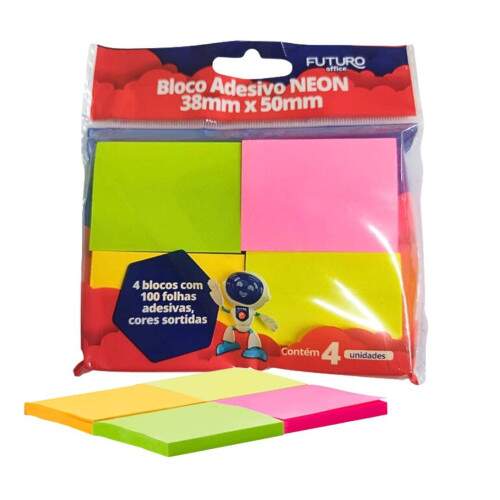 Bloco Adesivo Post It 653 4 Cores Neon 38X50Mm 50Fls Fo222213 Futuro - 4 Cores Neon
