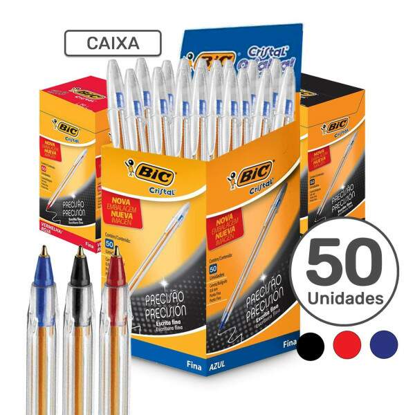 Caixa 50 Canetas Esferogrficas Bic Cristal Ponta Fina 0.8mm Preciso