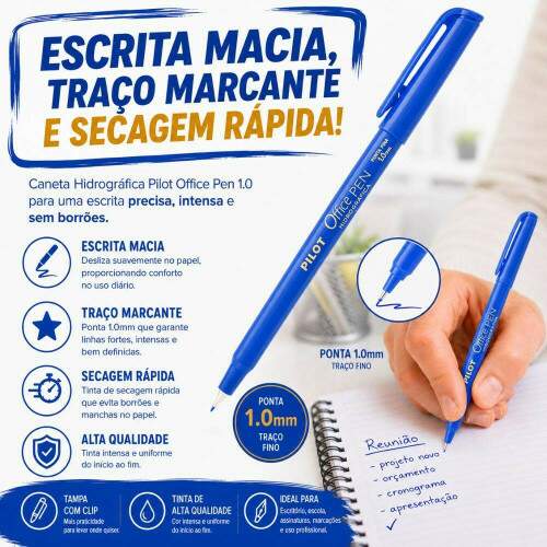 Caneta Hidrográfica Pilot Office Pen 1.0 Azul Escrita Precisa