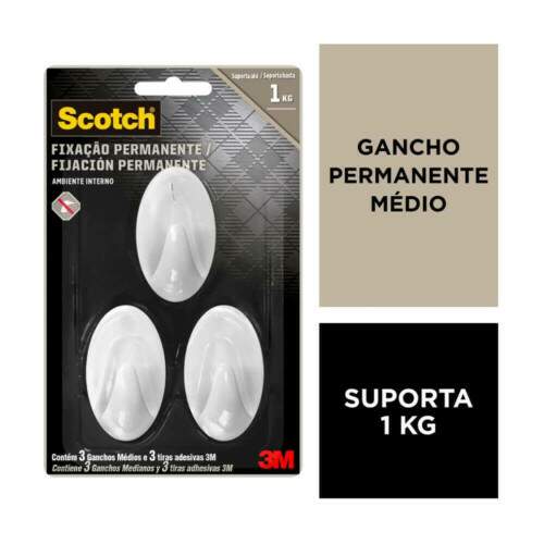Gancho Adesivo M�dio Scotch 1kg Branco 3 Pe�as - 3M