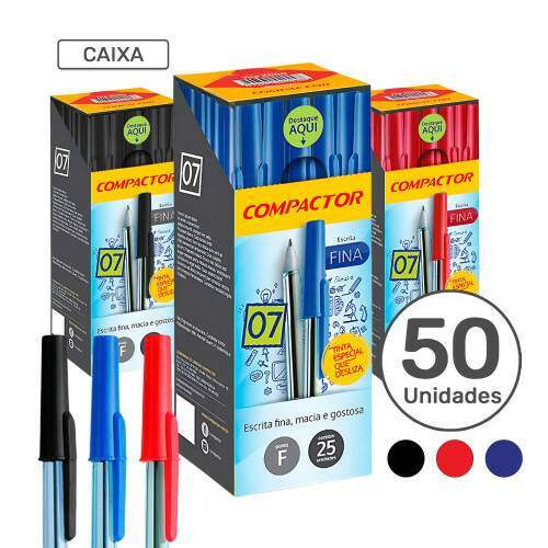 Caixa 50 Canetas Esferogrficas 0.7 Ponta Fina Compactor Azul, Preta ou Vermelha