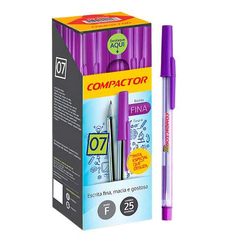 Caixa 50 Canetas Esferogrficas 0.7 Ponta Fina Compactor Rosa ou Lils