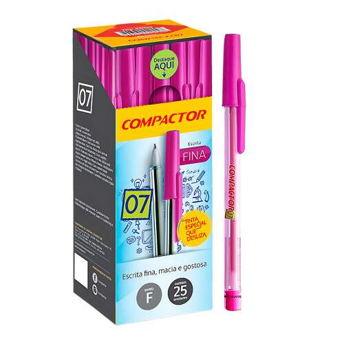 Caixa 50 Canetas Esferogrficas 0.7 Ponta Fina Compactor Rosa ou Lils