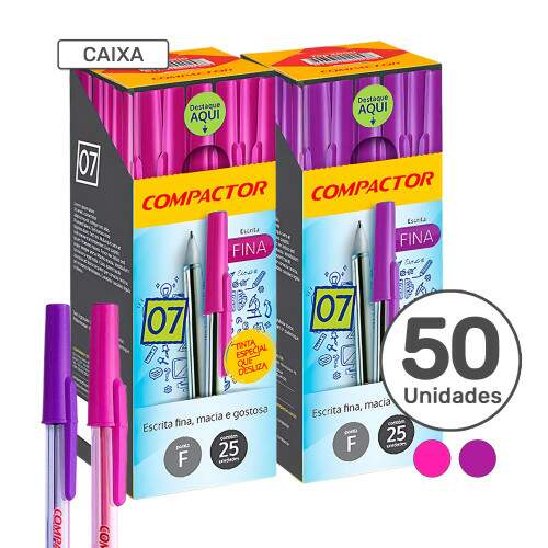 Caixa 50 Canetas Esferogrficas 0.7 Ponta Fina Compactor Rosa ou Lils