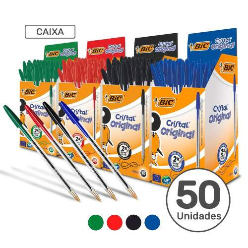 Caixa 50 Canetas Esferogrficas Bic Cristal Dura Mais Ponta Mdia 1.0mm
