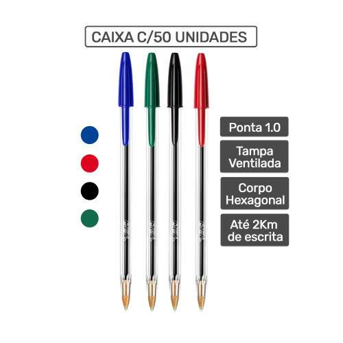 Caixa 50 Canetas Esferogrficas Bic Cristal Dura Mais Ponta Mdia 1.0mm