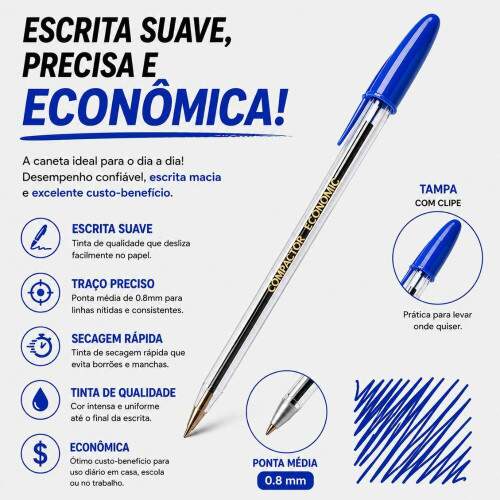 Caneta Esferográfica Economic Azul Compactor Escrita Macia, Ponta