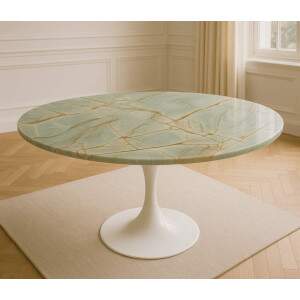 Mesa de Jantar Blue Deep Quartzito com Base Saarinen Laqueada