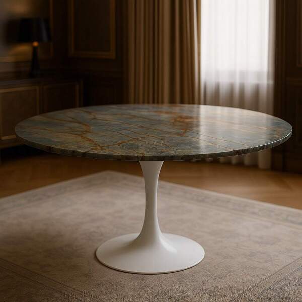 Mesa de Jantar Blue Deep Quartzito com Base Saarinen Laqueada