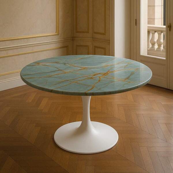 Mesa de Jantar Blue Deep Quartzito com Base Saarinen Laqueada