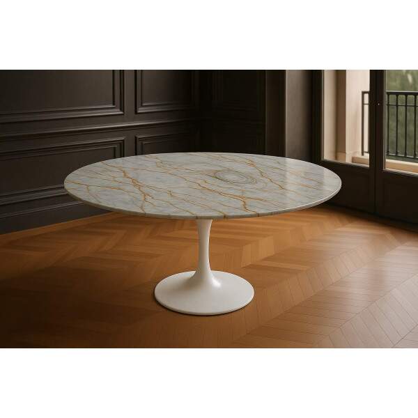Mesa de Jantar Blue Deep Quartzito com Base Saarinen Laqueada