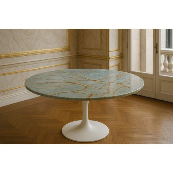 Mesa de Jantar Blue Deep Quartzito com Base Saarinen Laqueada