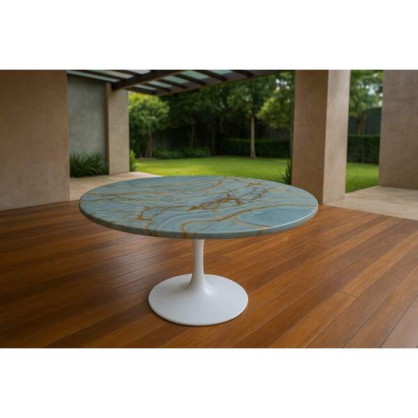 Mesa de Jantar Blue Deep Quartzito com Base Saarinen Laqueada