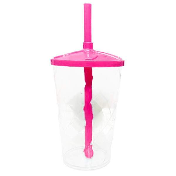 Copo Twister de Acrlico Cristal c/ Tampa e Canudo Rosa - 550ml