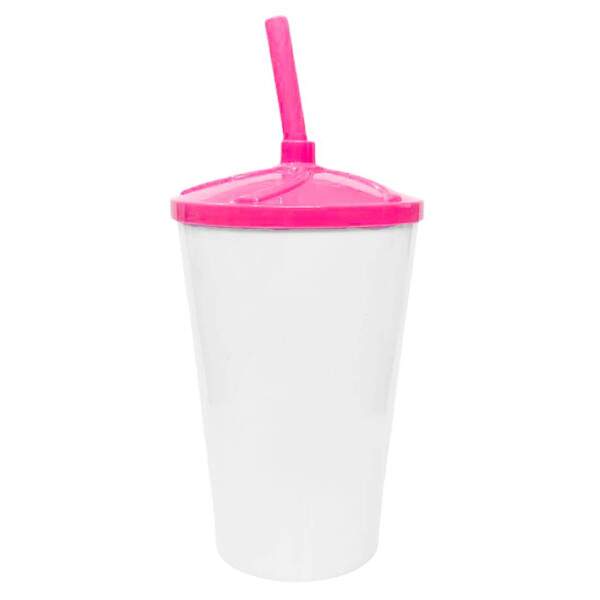 Copo Twister de Acrlico Branco c/ Tampa e Canudo Rosa - 550ml