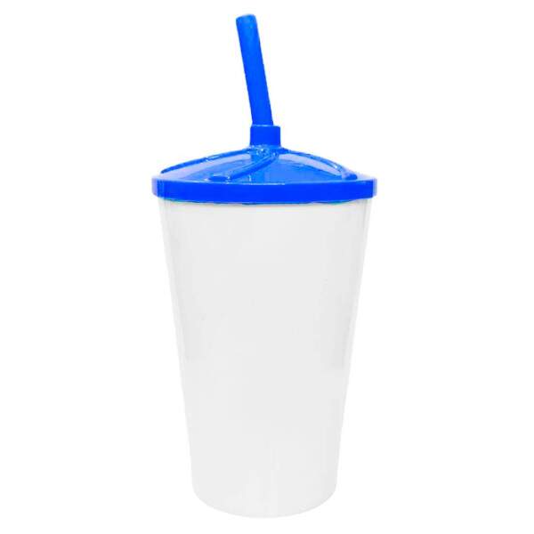 Copo Twister de Acrlico Branco c/ Tampa e Canudo Azul - 550ml