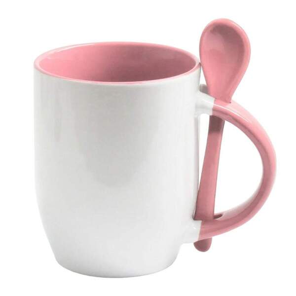 Caneca de Cermica com Interior Ala e Colher Rosa - 325ml
