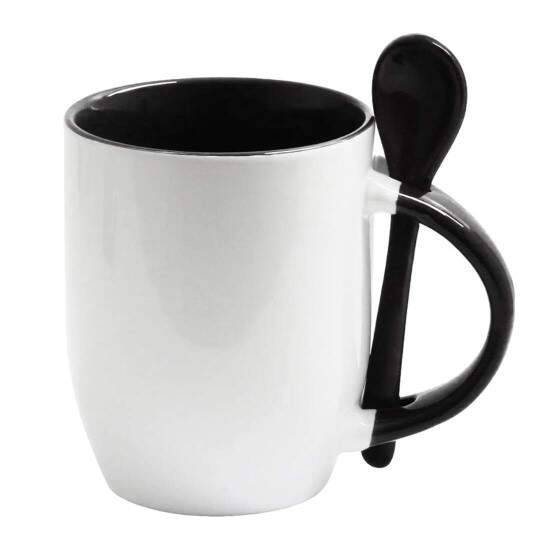 Caneca de Cermica com Interior Ala e Colher Preto - 325ml