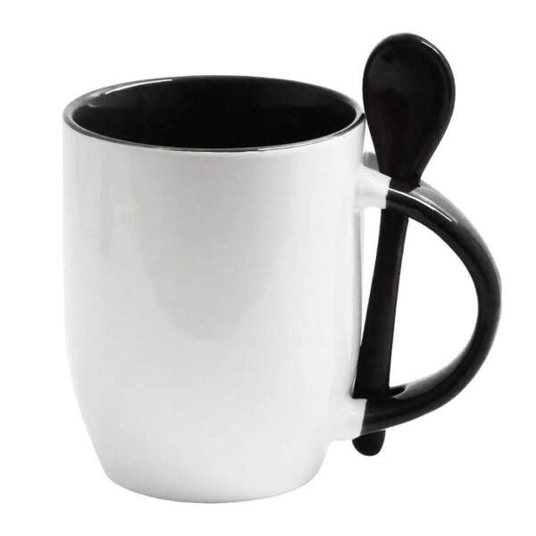 Caneca de Cermica com Interior Ala e Colher Preto - 325ml