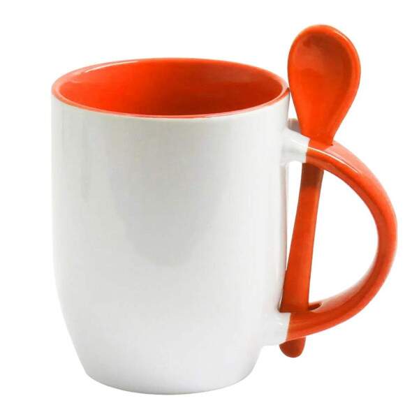 Caneca de Cermica com Interior Ala e Colher Laranja - 325ml