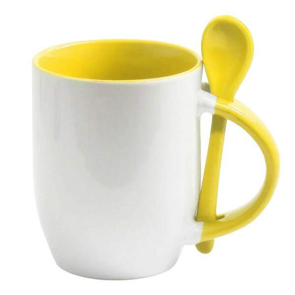 Caneca de Cermica com Interior Ala e Colher Amarelo - 325ml