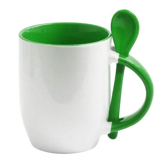 Caneca de Cermica com Interior Ala e Colher Verde - 325ml