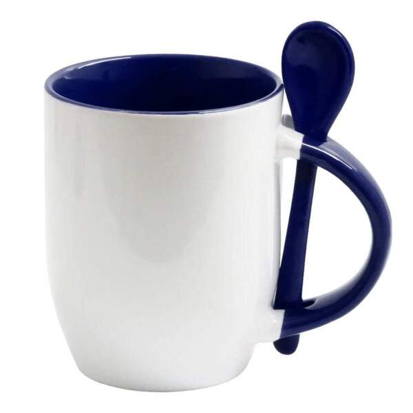 Caneca de Cermica com Interior Ala e Colher Azul Escuro - 325ml