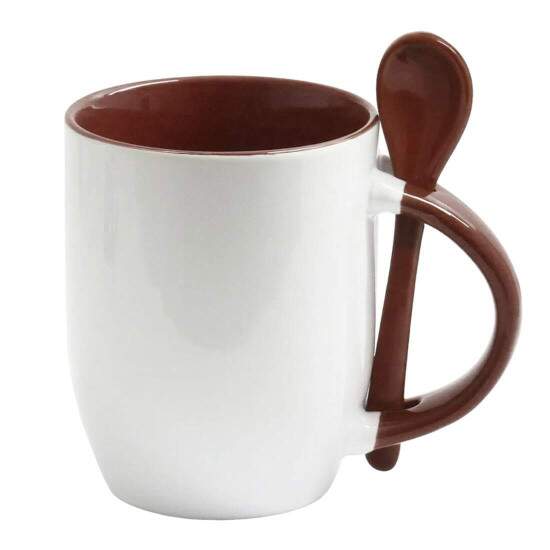 Caneca de Cermica com Interior Ala e Colher Marrom - 325ml